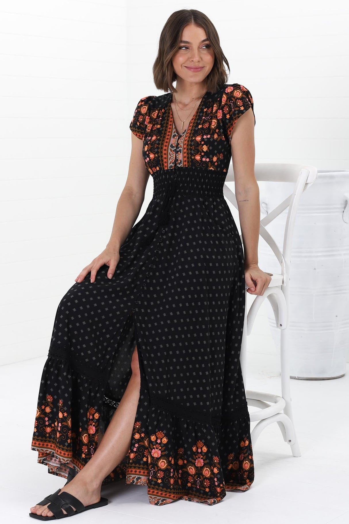 JAASE - Romi Maxi Dress: Button Down Cap Sleeve Dress with Waist Tie in Emmery Print