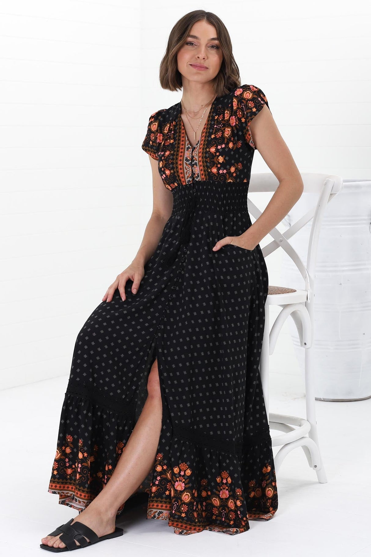 JAASE - Romi Maxi Dress: Button Down Cap Sleeve Dress with Waist Tie in Emmery Print