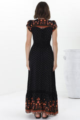 JAASE - Romi Maxi Dress: Button Down Cap Sleeve Dress with Waist Tie in Emmery Print