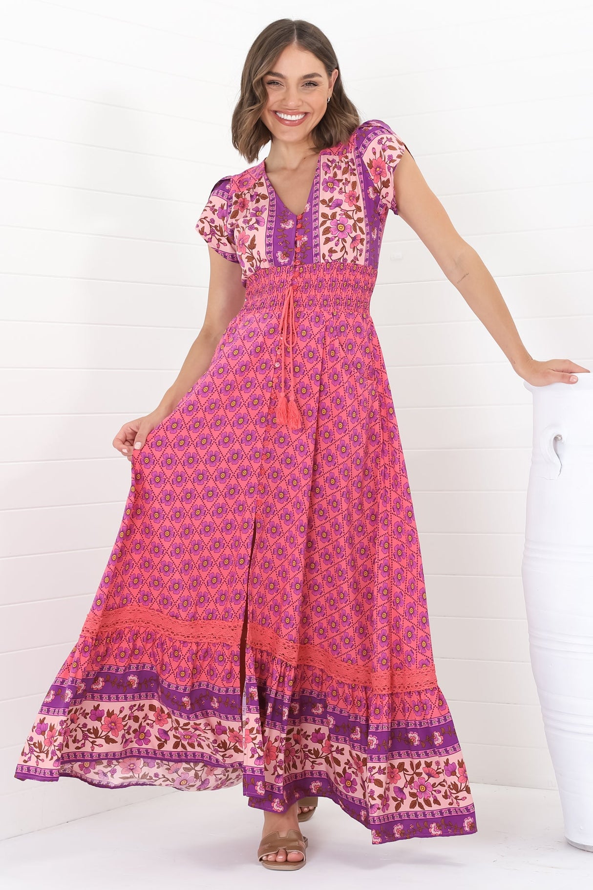 JAASE - Romi Maxi Dress: Button Down Cap Sleeve Dress with Waist Tie in Jolene Print