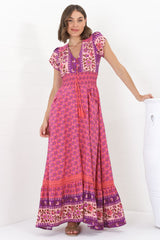 JAASE - Romi Maxi Dress: Button Down Cap Sleeve Dress with Waist Tie in Jolene Print