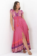 JAASE - Romi Maxi Dress: Button Down Cap Sleeve Dress with Waist Tie in Jolene Print