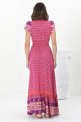 JAASE - Romi Maxi Dress: Button Down Cap Sleeve Dress with Waist Tie in Jolene Print