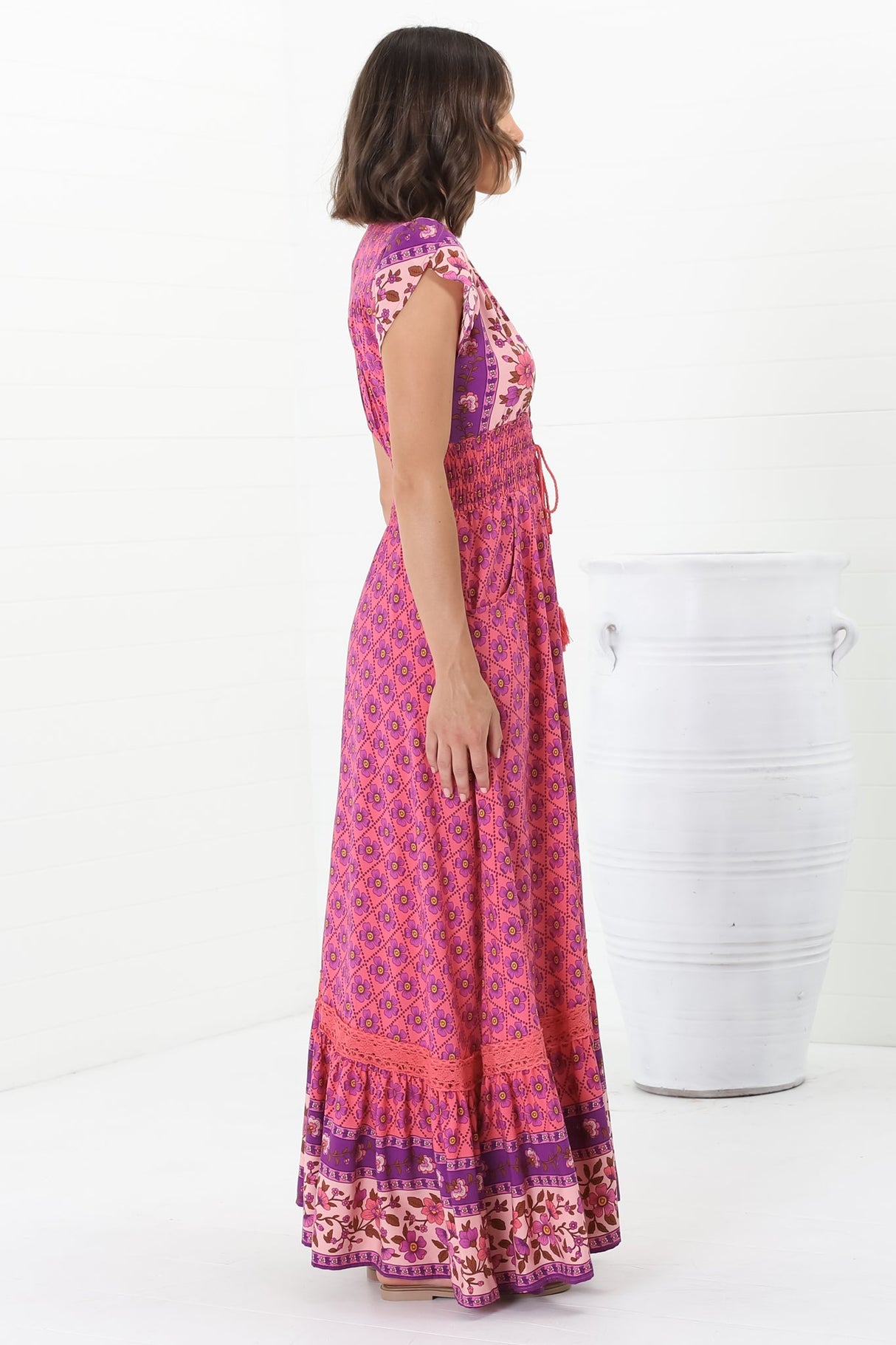 JAASE - Romi Maxi Dress: Button Down Cap Sleeve Dress with Waist Tie in Jolene Print