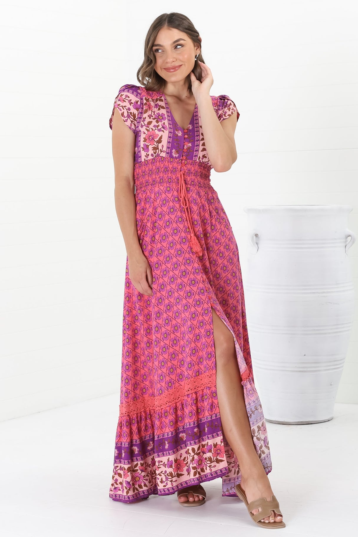 JAASE - Romi Maxi Dress: Button Down Cap Sleeve Dress with Waist Tie in Jolene Print