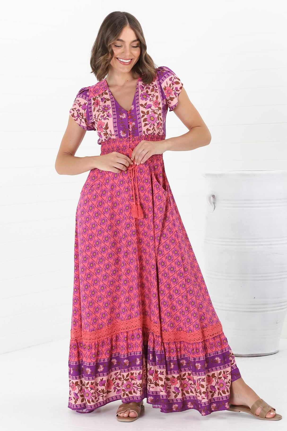 JAASE - Romi Maxi Dress: Button Down Cap Sleeve Dress with Waist Tie in Jolene Print