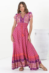 JAASE - Romi Maxi Dress: Button Down Cap Sleeve Dress with Waist Tie in Jolene Print