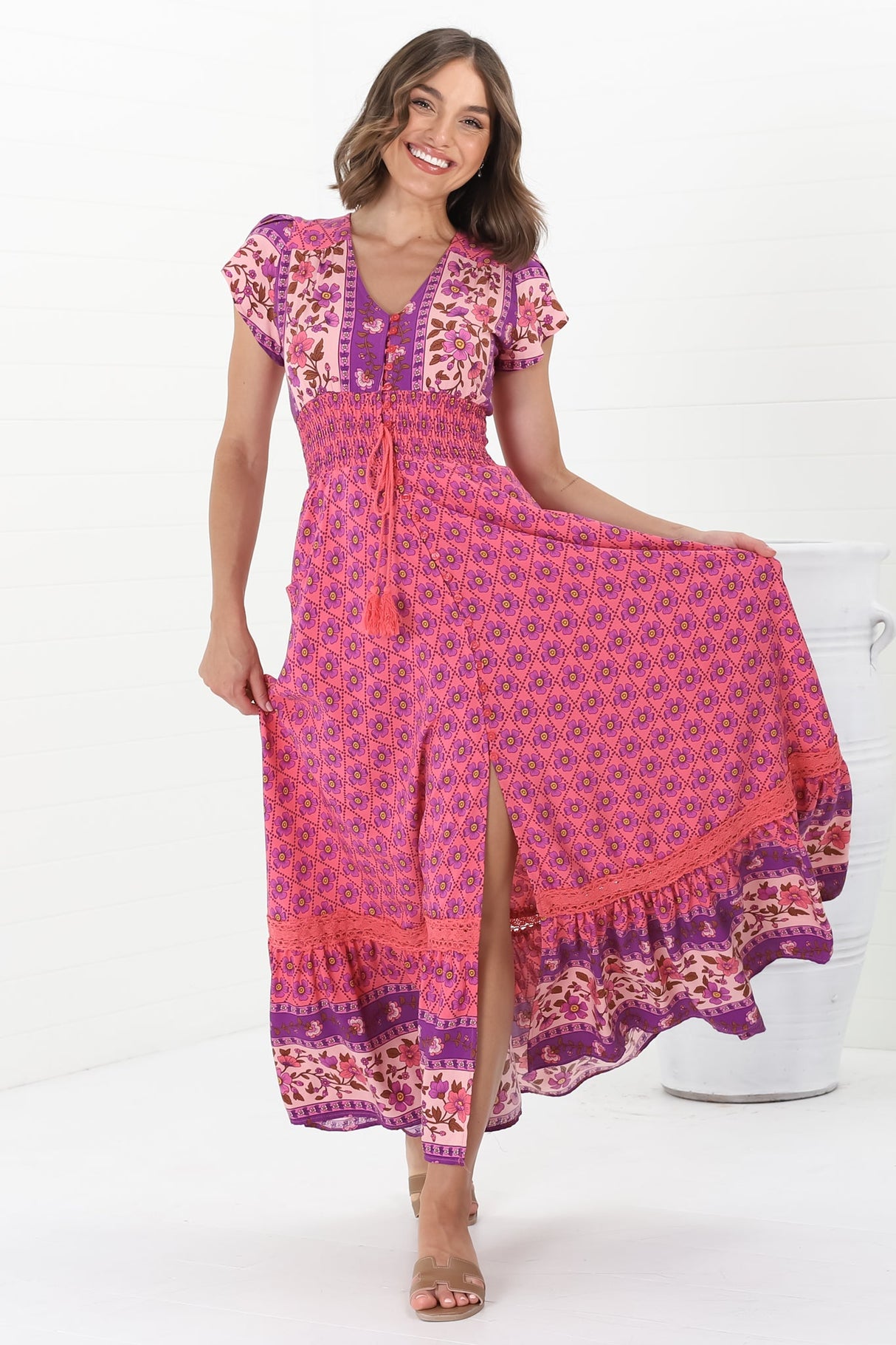 JAASE - Romi Maxi Dress: Button Down Cap Sleeve Dress with Waist Tie in Jolene Print