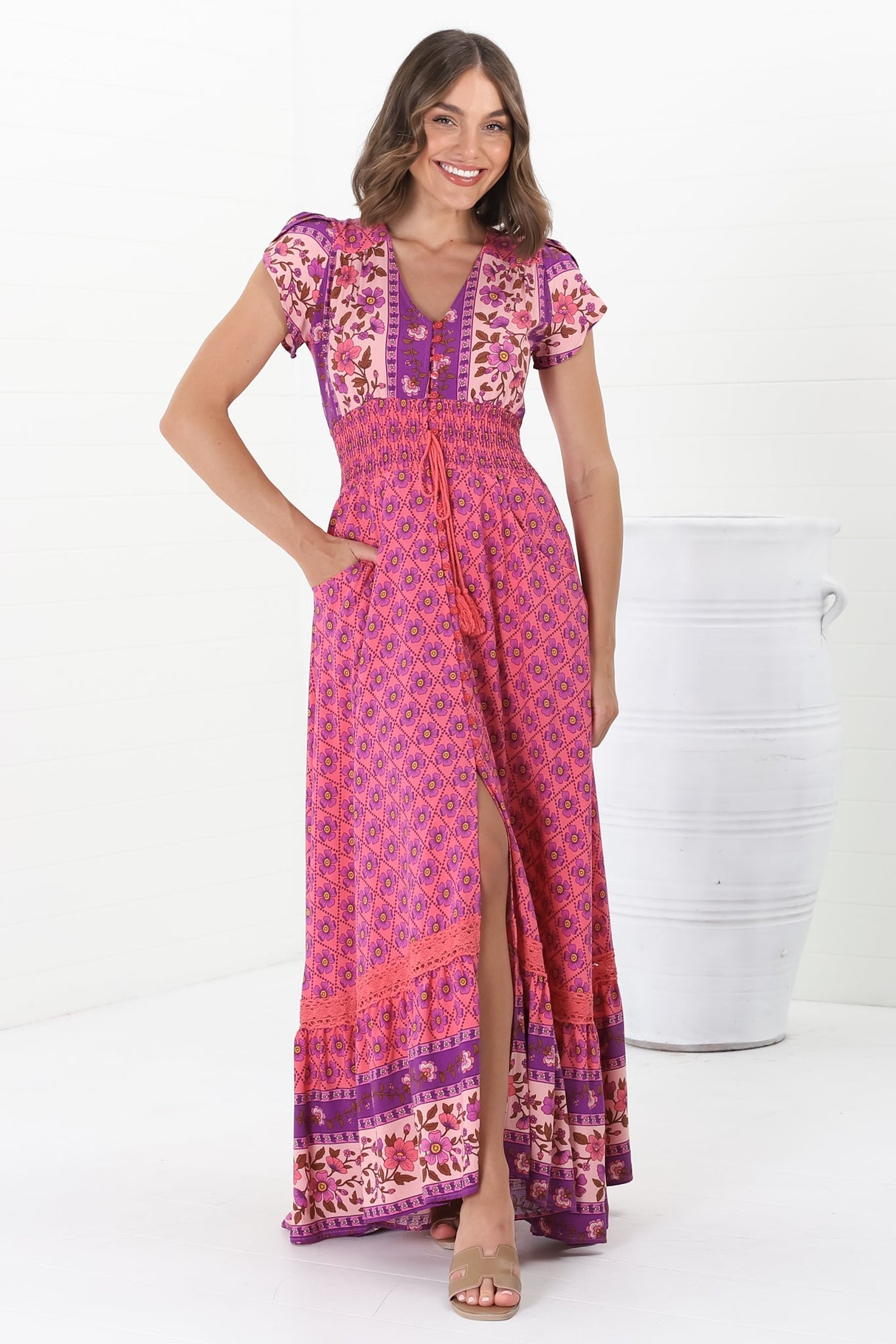 JAASE - Romi Maxi Dress: Button Down Cap Sleeve Dress with Waist Tie in Jolene Print