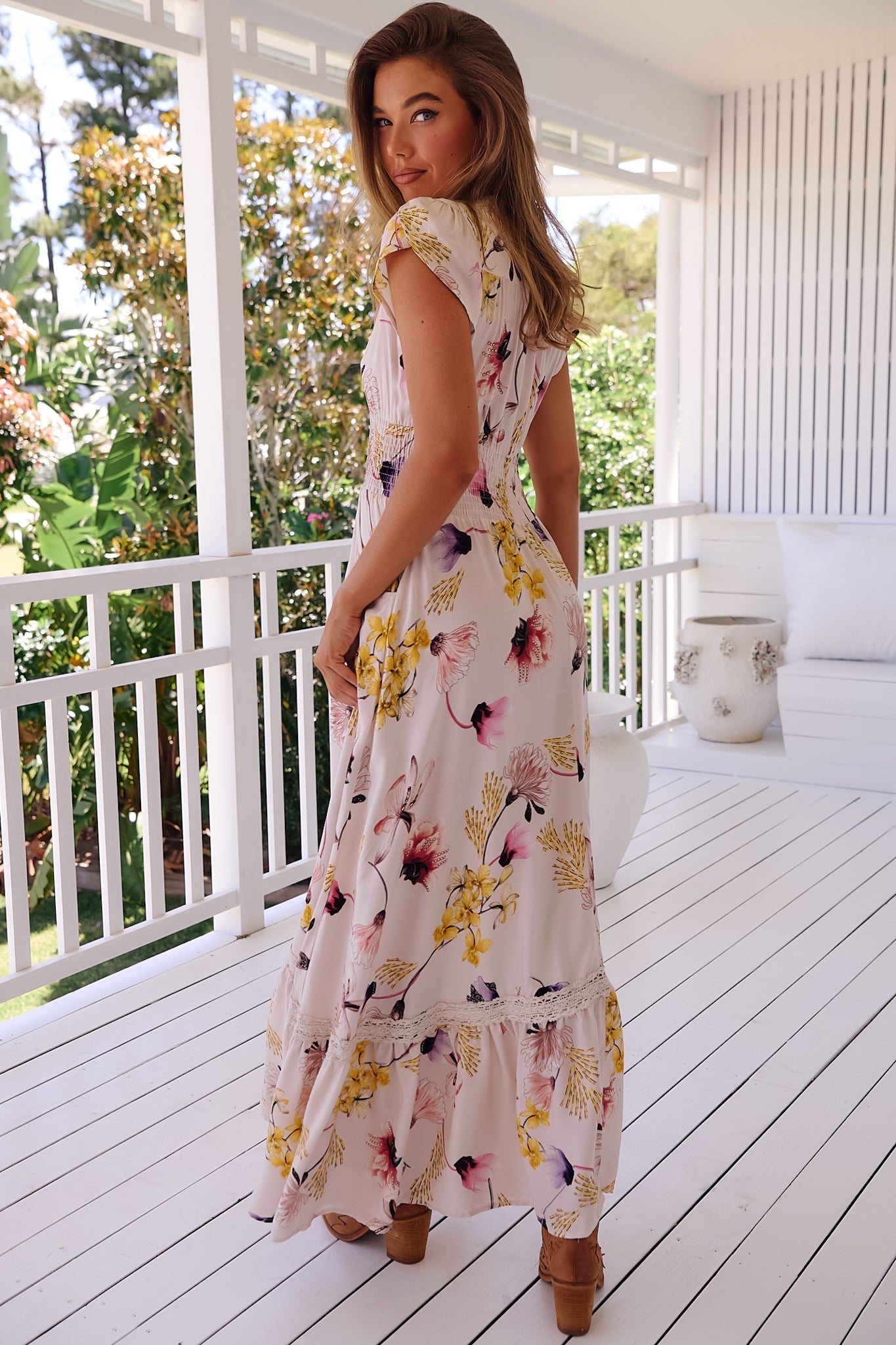 JAASE - Romi Maxi Dress: Button Down Cap Sleeve Dress with Waist Tie in Julietta Print