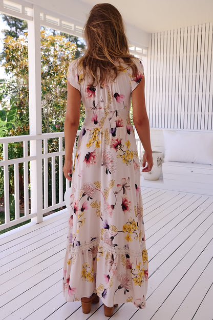 JAASE - Romi Maxi Dress: Button Down Cap Sleeve Dress with Waist Tie in Julietta Print