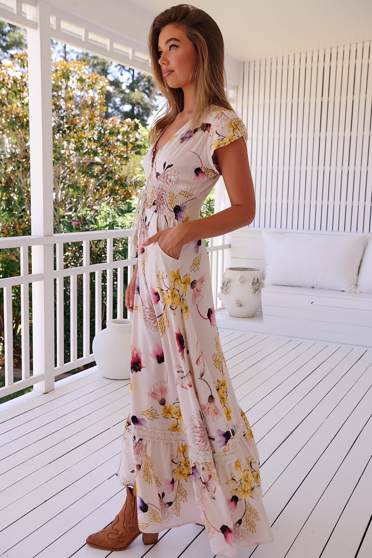 JAASE - Romi Maxi Dress: Button Down Cap Sleeve Dress with Waist Tie in Julietta Print