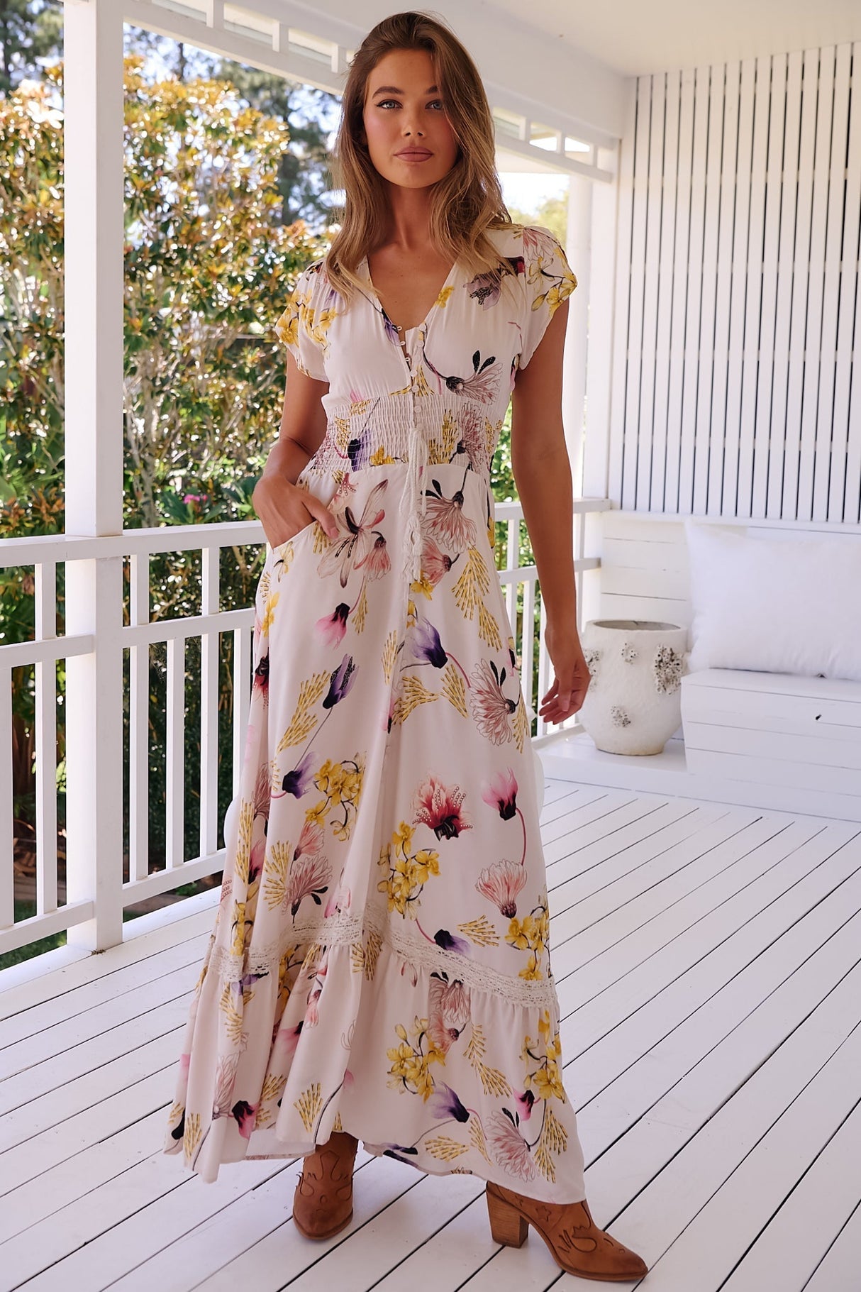 JAASE - Romi Maxi Dress: Button Down Cap Sleeve Dress with Waist Tie in Julietta Print