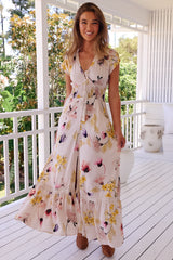 JAASE - Romi Maxi Dress: Button Down Cap Sleeve Dress with Waist Tie in Julietta Print