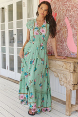 Romi Maxi Dress - Button Down Cap Sleeve Dress with Waist Tie in Maribel Print