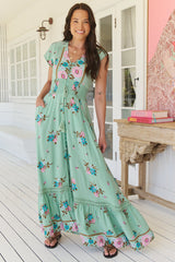 Romi Maxi Dress - Button Down Cap Sleeve Dress with Waist Tie in Maribel Print