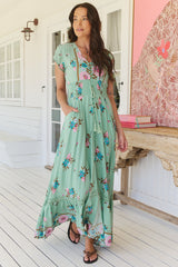 Romi Maxi Dress - Button Down Cap Sleeve Dress with Waist Tie in Maribel Print