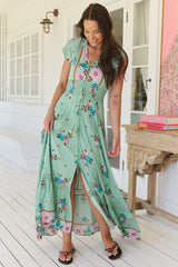 Romi Maxi Dress - Button Down Cap Sleeve Dress with Waist Tie in Maribel Print