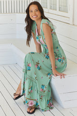 Romi Maxi Dress - Button Down Cap Sleeve Dress with Waist Tie in Maribel Print