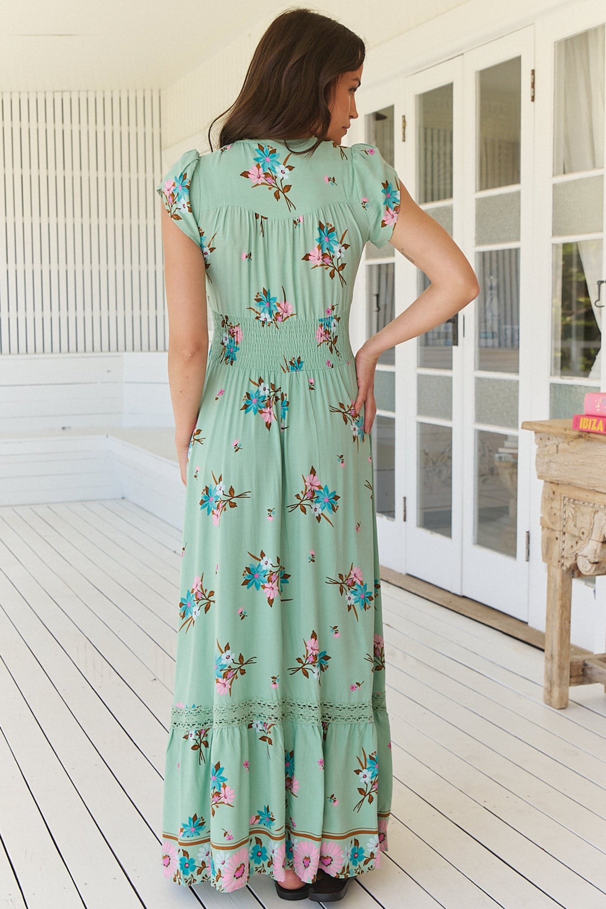 Romi Maxi Dress - Button Down Cap Sleeve Dress with Waist Tie in Maribel Print