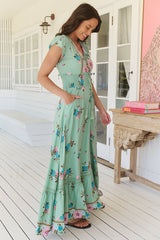 Romi Maxi Dress - Button Down Cap Sleeve Dress with Waist Tie in Maribel Print