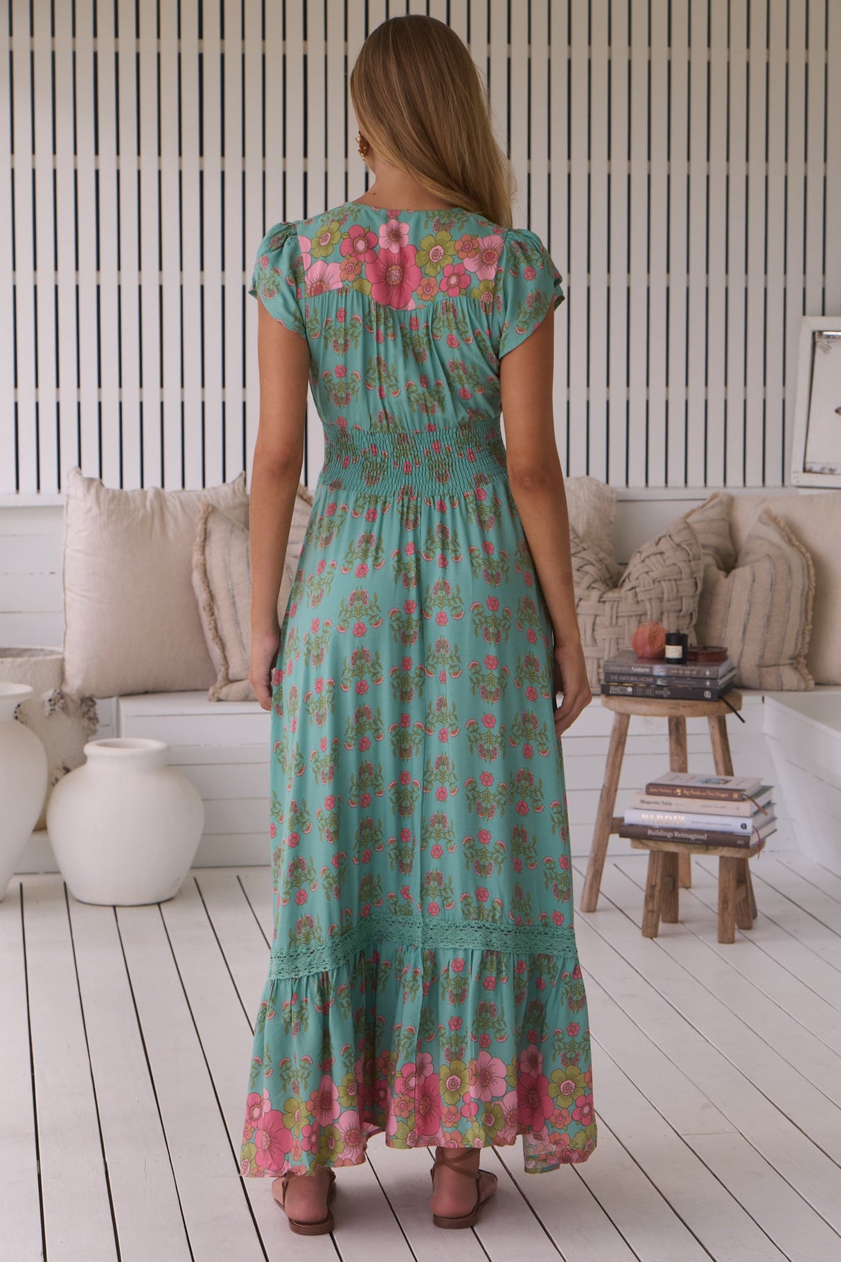 JAASE - Romi Maxi Dress: Button Down Cap Sleeve Dress with Waist Tie in Meadowland Print