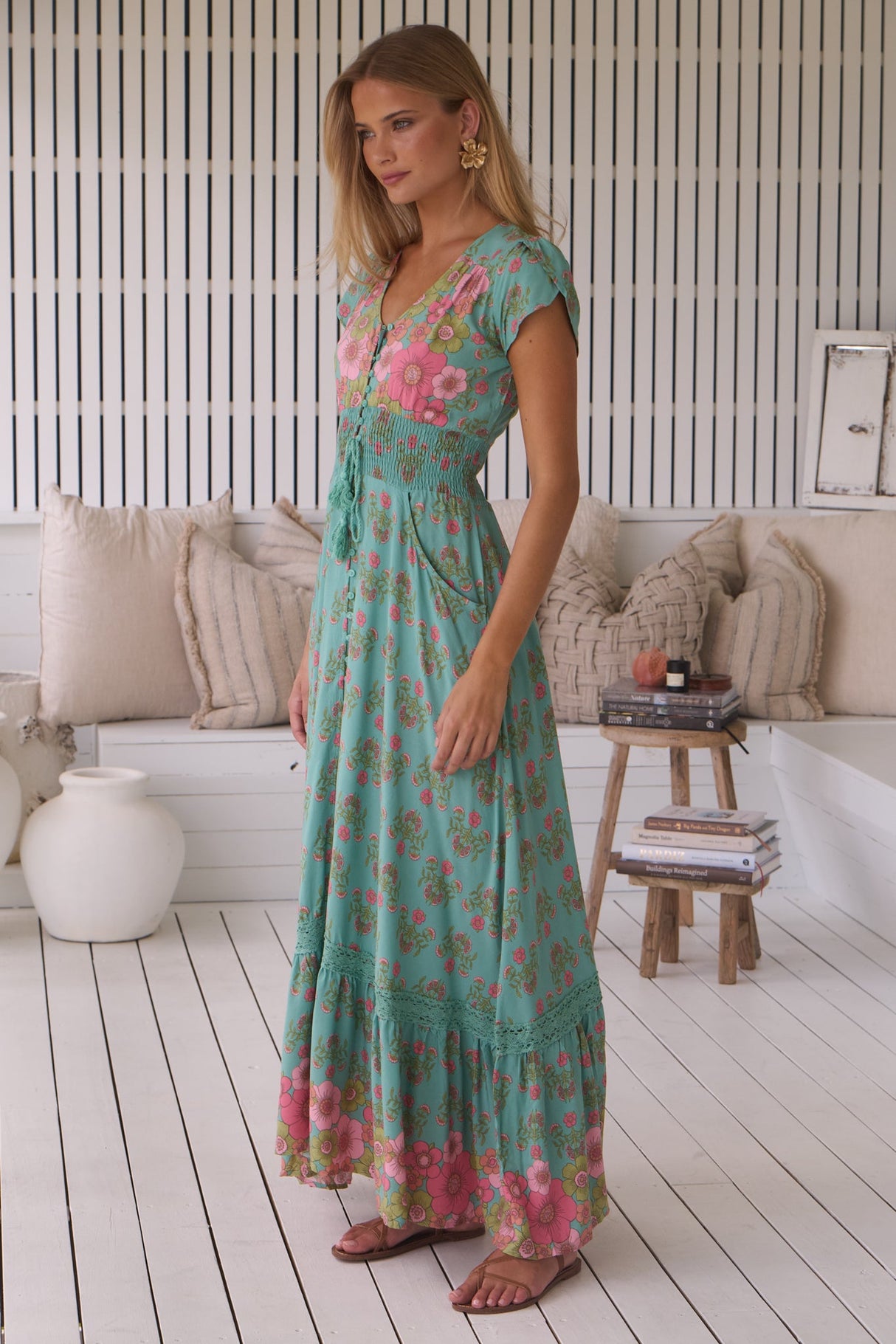 JAASE - Romi Maxi Dress: Button Down Cap Sleeve Dress with Waist Tie in Meadowland Print