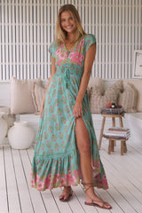 JAASE - Romi Maxi Dress: Button Down Cap Sleeve Dress with Waist Tie in Meadowland Print