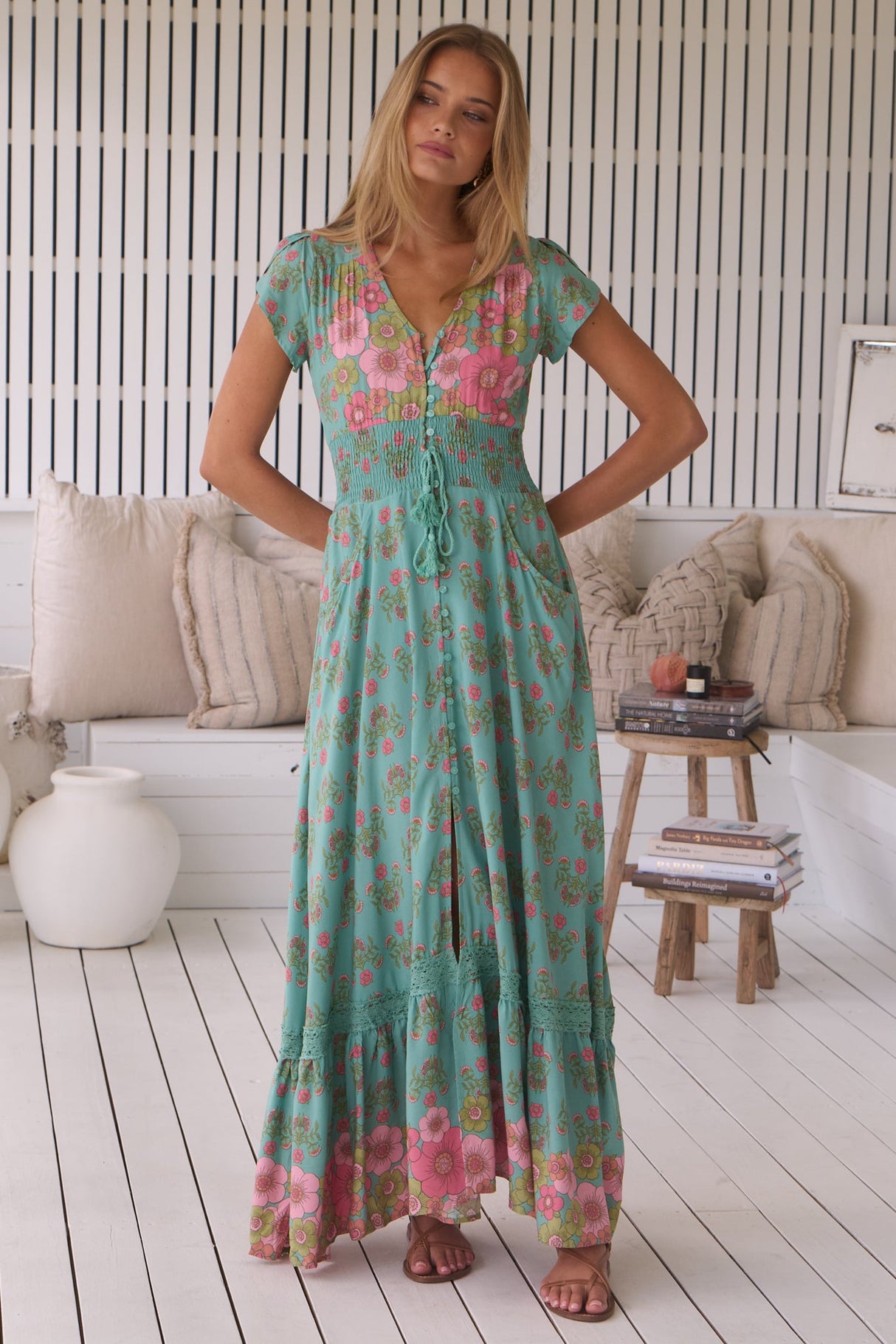 JAASE - Romi Maxi Dress: Button Down Cap Sleeve Dress with Waist Tie in Meadowland Print