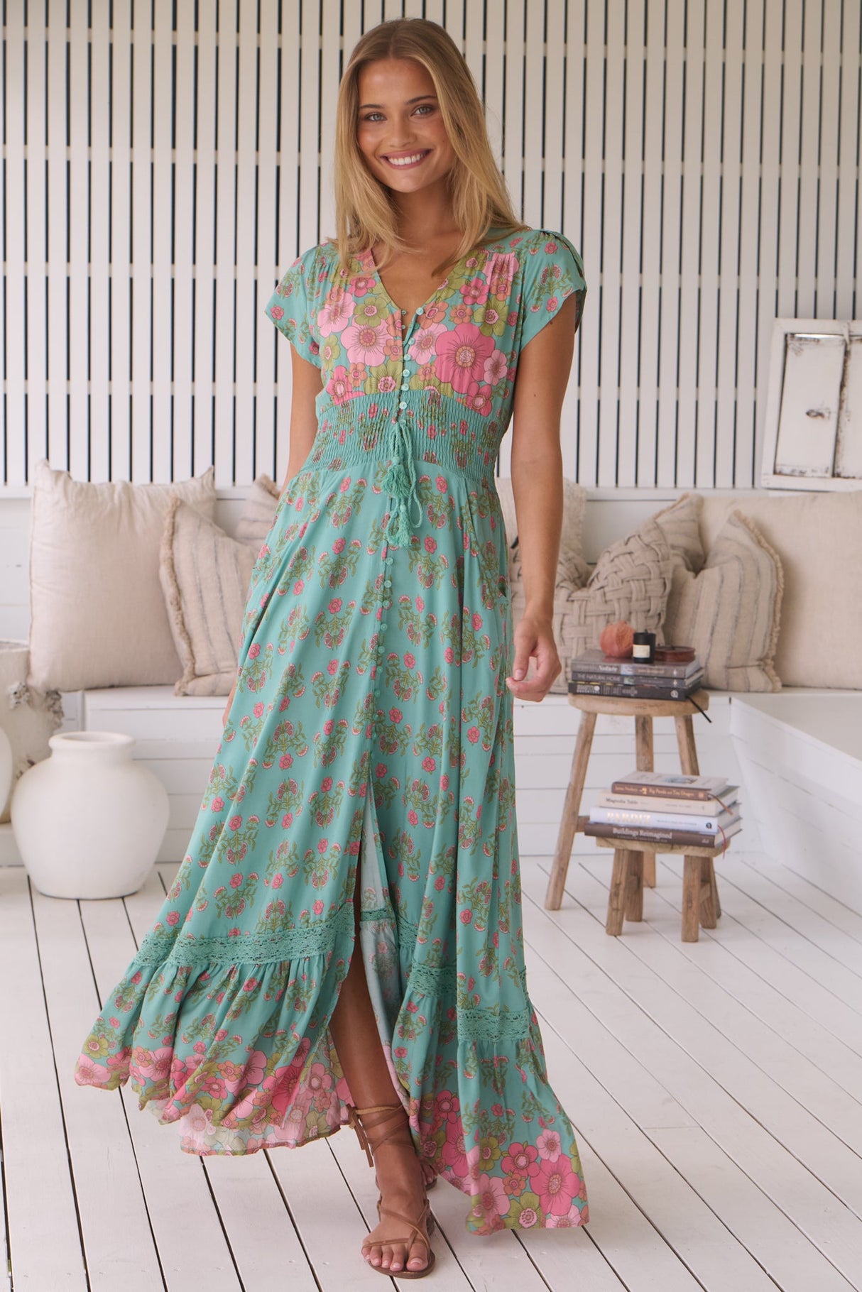 JAASE - Romi Maxi Dress: Button Down Cap Sleeve Dress with Waist Tie in Meadowland Print