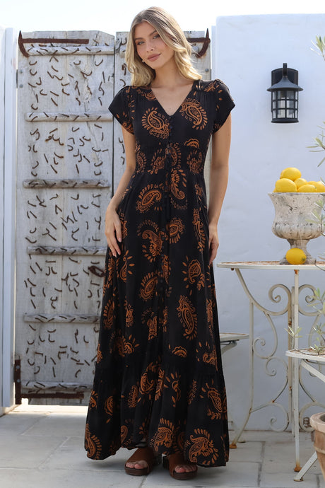 Model wearing Romi Maxi Dress in Milan Print from Salty Crush