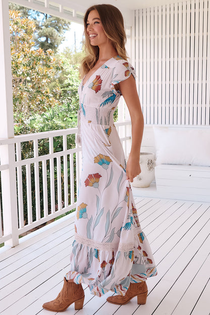 JAASE - Romi Maxi Dress: Button Down Cap Sleeve Dress with Waist Tie in Palm Cove Print