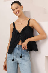 Romia Top - Embroidered and Lace Detailed Button-Down Cami in Black