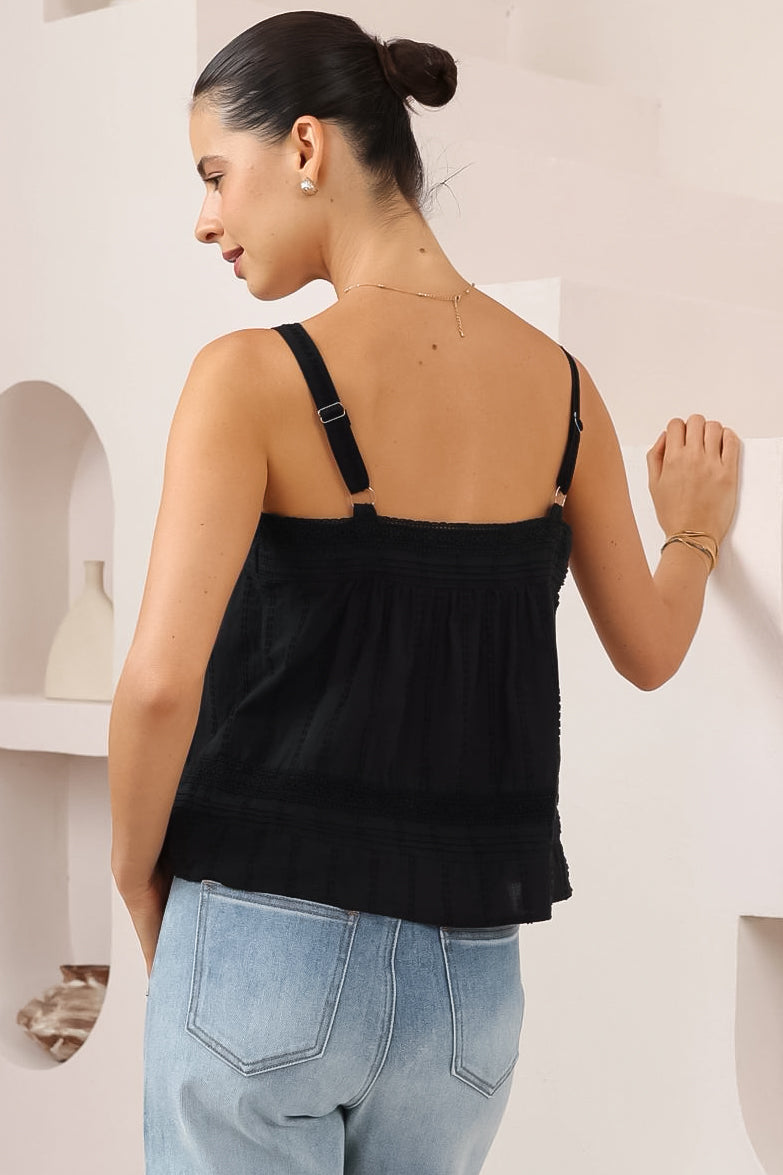 Romia Top - Embroidered and Lace Detailed Button-Down Cami in Black