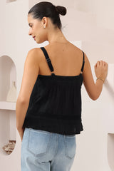 Romia Top - Embroidered and Lace Detailed Button-Down Cami in Black