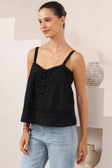 Romia Top - Embroidered and Lace Detailed Button-Down Cami in Black