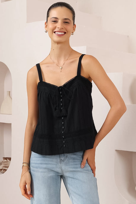 Romia Top - Embroidered and Lace Detailed Button-Down Cami in Black