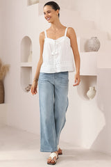 Romia Top - Embroidered and Lace Detailed Button-Down Cami in White