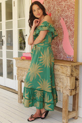 JAASE - Romy Midi Dress: Off Shoulder Frill Overlay Bodice A-Line Dress in Island Luxe Print