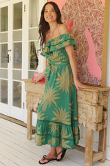 JAASE - Romy Midi Dress: Off Shoulder Frill Overlay Bodice A-Line Dress in Island Luxe Print
