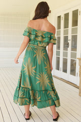 JAASE - Romy Midi Dress: Off Shoulder Frill Overlay Bodice A-Line Dress in Island Luxe Print