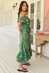 JAASE - Romy Midi Dress: Off Shoulder Frill Overlay Bodice A-Line Dress in Island Luxe Print