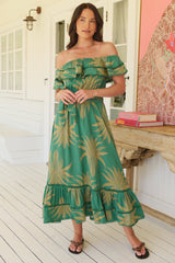 JAASE - Romy Midi Dress: Off Shoulder Frill Overlay Bodice A-Line Dress in Island Luxe Print