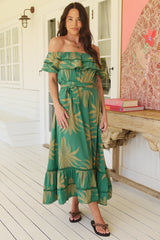 JAASE - Romy Midi Dress: Off Shoulder Frill Overlay Bodice A-Line Dress in Island Luxe Print