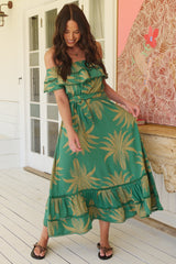 JAASE - Romy Midi Dress: Off Shoulder Frill Overlay Bodice A-Line Dress in Island Luxe Print