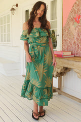 JAASE - Romy Midi Dress: Off Shoulder Frill Overlay Bodice A-Line Dress in Island Luxe Print