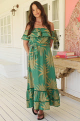 JAASE - Romy Midi Dress: Off Shoulder Frill Overlay Bodice A-Line Dress in Island Luxe Print