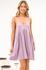 Romy Mini Dress - V Neck Spaghetti Strap Empire Waist Dress with Pockets in Lilac