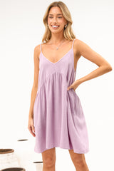 Romy Mini Dress - V Neck Spaghetti Strap Empire Waist Dress with Pockets in Lilac