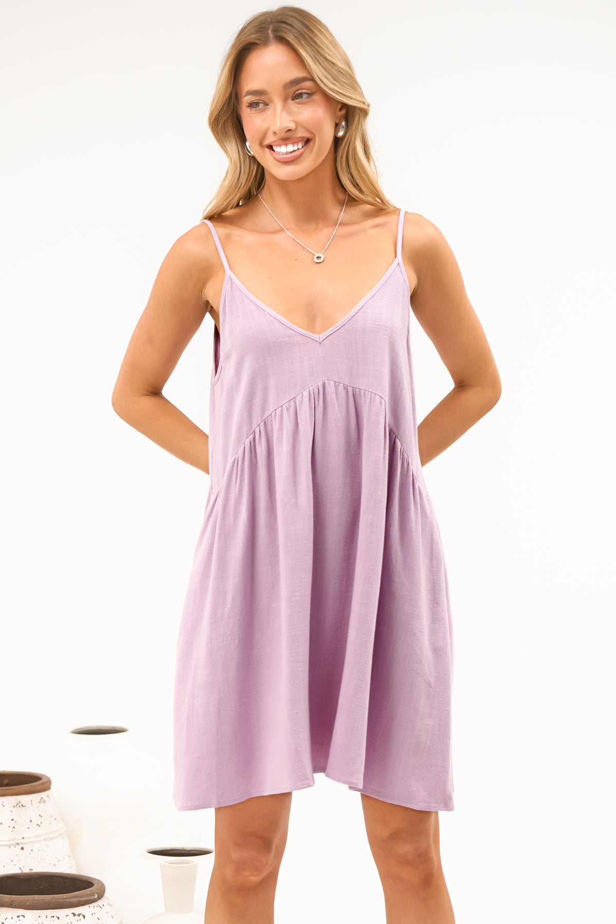 Romy Mini Dress - V Neck Spaghetti Strap Empire Waist Dress with Pockets in Lilac